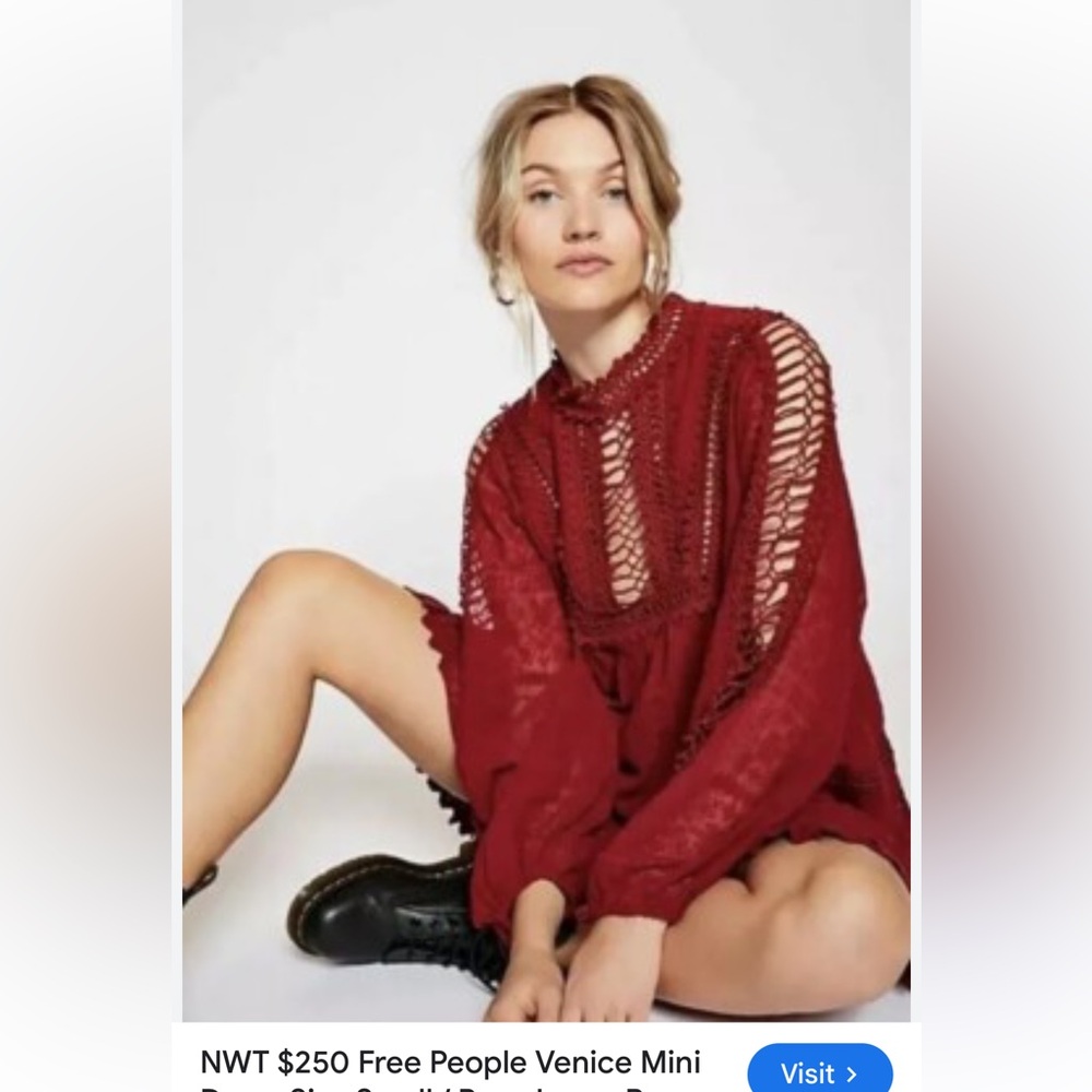 Free People Raspberry Crochet Venice Mini Lace Dress Sz Large